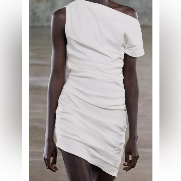 Zara NWT white mini dress asymmetrical draped off shoulder ruched dress - Picture 6 of 12